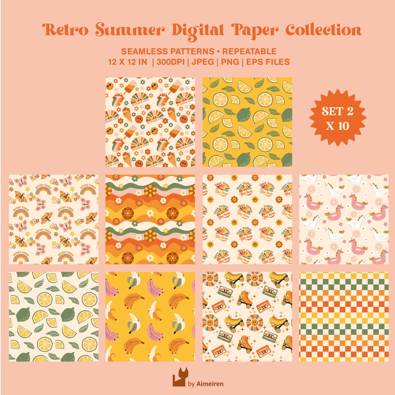 Retro Summer Clipart & Seamless Pattern Set (digital Download) - Etsy