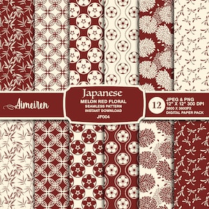 Peut inclure: Un pack de papier numérique avec 12 motifs sans couture dans un schéma de couleurs rouge melon et crème. Les motifs présentent des designs floraux et géométriques d'inspiration japonaise. Le texte "Japanese Melon Red Floral Seamless Pattern Instant Download JF004" est inclus dans l'image.