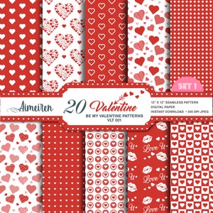 Valentine&#39;s Day Digital Paper: Red Hearts Seamless Patterns (Digital Download)