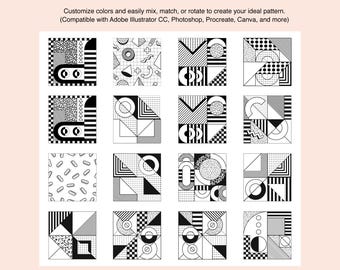 80s Retro Pop Art Memphis Seamless Patterns, Geometric