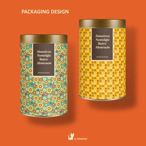 Op de afbeelding: Twee gouden metalen blikken met een retro bloemenpatroon. De blikken zijn gelabeld "Aimeiren Nostalgic Retro Abstracts" en hebben een herhalend patroon van gele, oranje, rode, witte en blauwe bloemen op een teal achtergrond.