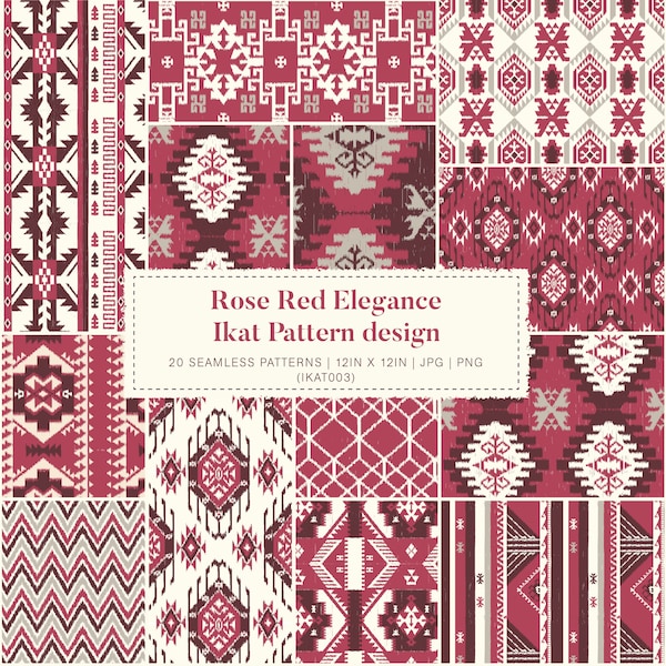 Elegant Rose Red Digital Ikat Pattern Design with Dragon Feets Motif | Versatile Seamless Pattern for Personal & Commercial Use. Ikat003