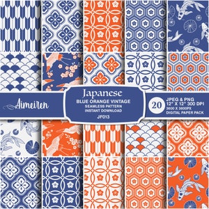 Set di 20 modelli giapponesi vintage senza cuciture, blu e arancione giapponese art vector per scrapbook, diario, artigianato download istantaneo. JF013 ·