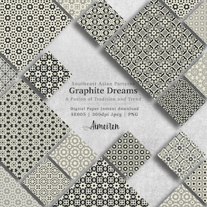 Miscela di tradizione e tendenza Carta digitale in stile SEA monocromatica grigia con modelli senza cuciture per sublimazione artigianale, download istantaneo. SE005