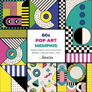 Op de afbeelding: Een digitaal papierpakket met een geometrisch patroon in Memphis-stijl. Het ontwerp bevat een verscheidenheid aan vormen, kleuren en texturen, waaronder cirkels, vierkanten, strepen en stippen. De kleuren zijn helder en gedurfd, waaronder roze, blauw, geel, groen en zwart. De tekst "80s POP ART MEMPHIS" staat in het midden van de afbeelding.