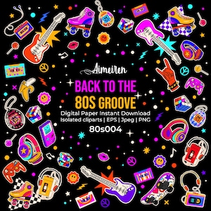 May include: A black background with colorful 80s-themed clip art. Includes roller skates, guitars, headphones, Rubik's cubes, cassette tapes, and the text "BACK TO THE 80S GROOVE".