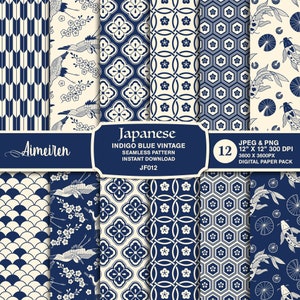 Japanisches Blaues Vintage Digitales Papier | Sakura | Fischwaage | Yagasuri | Koi Fisch | Kranich Vogel Vektor für Scrapbook & Bastelprojekt. JF012