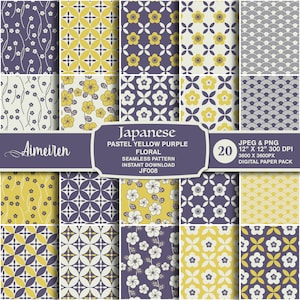 Set von 20 japanischen Frühlingszeit Pastell Gelb Lila Sakura Nahtlose Muster, Digitales Papier für Scrapbook, Basteln Instant Download. JF008