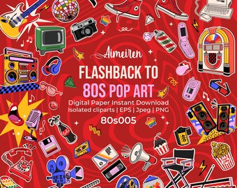 Digitaal papierpakket jaren 80 popart – retro clipart en achtergronden (digitale download)