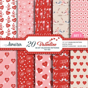 Be My Valentine Digital Paper | Liebe, Rotes Herz, Liebe Vögel Nahtloses Muster | Romantischer Blumen Vektor digitales Papier instant download. VLT002