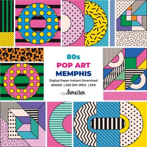 Motivi senza soluzione di continuità di Memphis Pop Art retrò anni '80, elementi geometrici per artigianato fai da te e uso commerciale, download stampabile immediato. 80s001