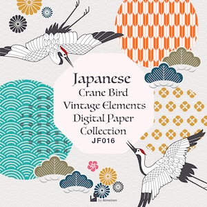Grúas japonesas / Vector Tsuru dorado / Patrones de kimono / Sakura / Elementos vintage / Descarga instantánea de papel digital de repetición sin costuras. JF016