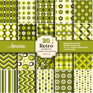 20 Green Retro papier cyfrowy, wzory do scrapbookingu, lata 70., geometryczne tło. Papier cyfrowy w stylu vintage, natychmiastowe pobieranie. GPR013