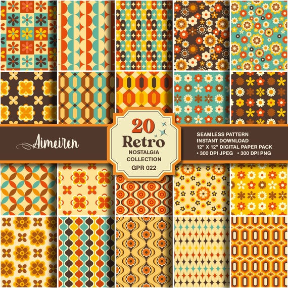 70s Retro Digital Paper Set: Floral Vector Patterns (Digital Download)