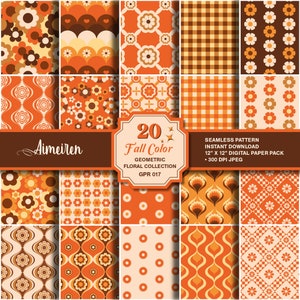 20 Mid century Retro, jesienny kolor kwiatowy papier cyfrowy, artykuły artystyczne, album ze zdjęciami, naklejka do planera, papier do dziennika śmieciowego do pobrania natychmiast. GPR017
