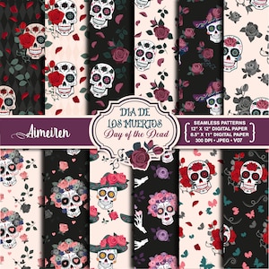 Papier scrapbooking tête de mort en sucre | roses | Papiers d'Halloween | Modèle sans couture de crâne | Téléchargement instantané du jour du papier numérique mort. V07