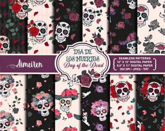 Sugar Skull Scrapbook paper | Roses | Halloween papers | Skull Seamless Pattern | Day of the Dead Digital Paper instant download. V07