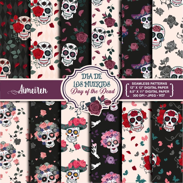 Sugar Skull Scrapbook paper | Roses | Halloween papers | Skull Seamless Pattern | Day of the Dead Digital Paper instant download. V07