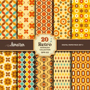 Op de afbeelding: Een set van 20 digitale papierpatronen in een retro stijl met geometrische en bloemmotieven in tinten oranje, geel, bruin, blauw en wit. De tekst "20 Retro Nostalgia Collection GPR 022" en "Digital Paper Pack Set 2" is opgenomen in de afbeelding.