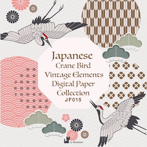 Guindastes Japoneses | Vetor Tsuru Dourado | Padrões de quimono | Sakura | Elementos vintage | Download instantâneo de papel digital de repetição contínua. JF015