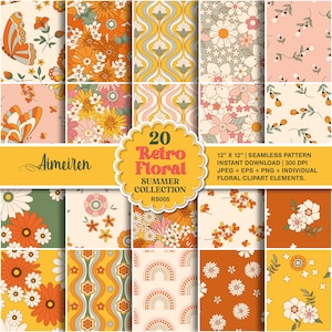 Set von 20 Retro Sommer Floral nahtlose Muster plus isolierte Blumen Vektor, 70er Jahre Mode für Stoff, Kartenherstellung, Scrapbook sofortiger download