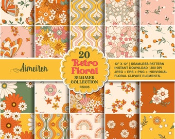 20 retro zomer naadloze bloemmotief plus geïsoleerde bloem vector, jaren 70 mode voor stof, kaarten maken, plakboek instant download. RS005