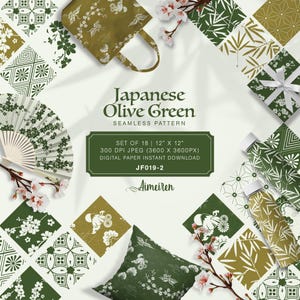 Puede incluir: Un conjunto de papel digital verde oliva con diseños de inspiración japonesa. La imagen presenta un bolso tote, un abanico y cuadrados decorativos con patrones florales y geométricos. El texto dice "Japanese Olive Green Seamless Pattern".