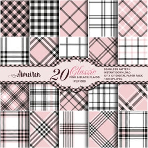 Papel digital 20 Twill Plaid, rosa, papel digital Tartan clásico de tira negra, fondos a cuadros, papel scrapbooking downlaod instantáneo. PLP009