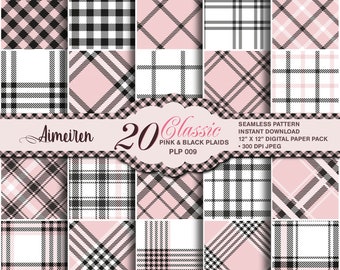 Pink & Black Plaid Digital Paper: Classic Tartan Patterns (Digital Download)