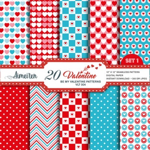 Valentine&#39;s Day Digital Paper: Heart & Chevron Patterns (Digital Download)