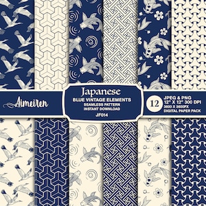 Japanese Digital Paper: Blue Vintage Patterns (Digital Download)