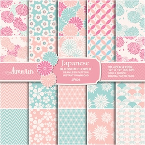 FrühlingSzeit Japanische Blüten Blume Digitales Papier, weich grün, rosa Sakura Floral Vektor für Scrapbook, Bastelherstellung Instant Download. JF001