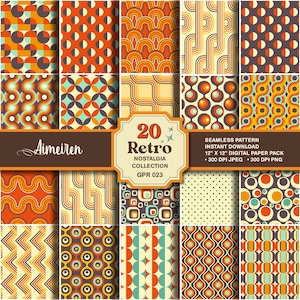 May include: A set of 20 digital paper patterns in retro style with geometric shapes and colors. The patterns are seamless and come in a 12x12 inch size. The colors include orange, yellow, brown, blue, and green.