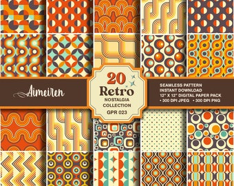 Retro papierset uit de jaren 70, vintage vector abstracte, naadloze en herhaalbare patronen, afdrukbaar digitaal papier direct downloaden. GPR023