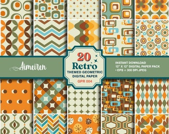 20 retro digitaal papier, plakboek uit het midden van de eeuw, patroon, geometrische achtergrond uit de jaren 70. Vintage designpapier direct downloaden. GPR004