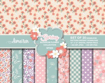 May include: Set of 20 digital paper patterns featuring floral designs in pink, white, and green. The patterns are seamless and perfect for scrapbooking, card making, and other crafting projects. The text "Spring Blossom Flower Collection SF002" is displayed on the image.