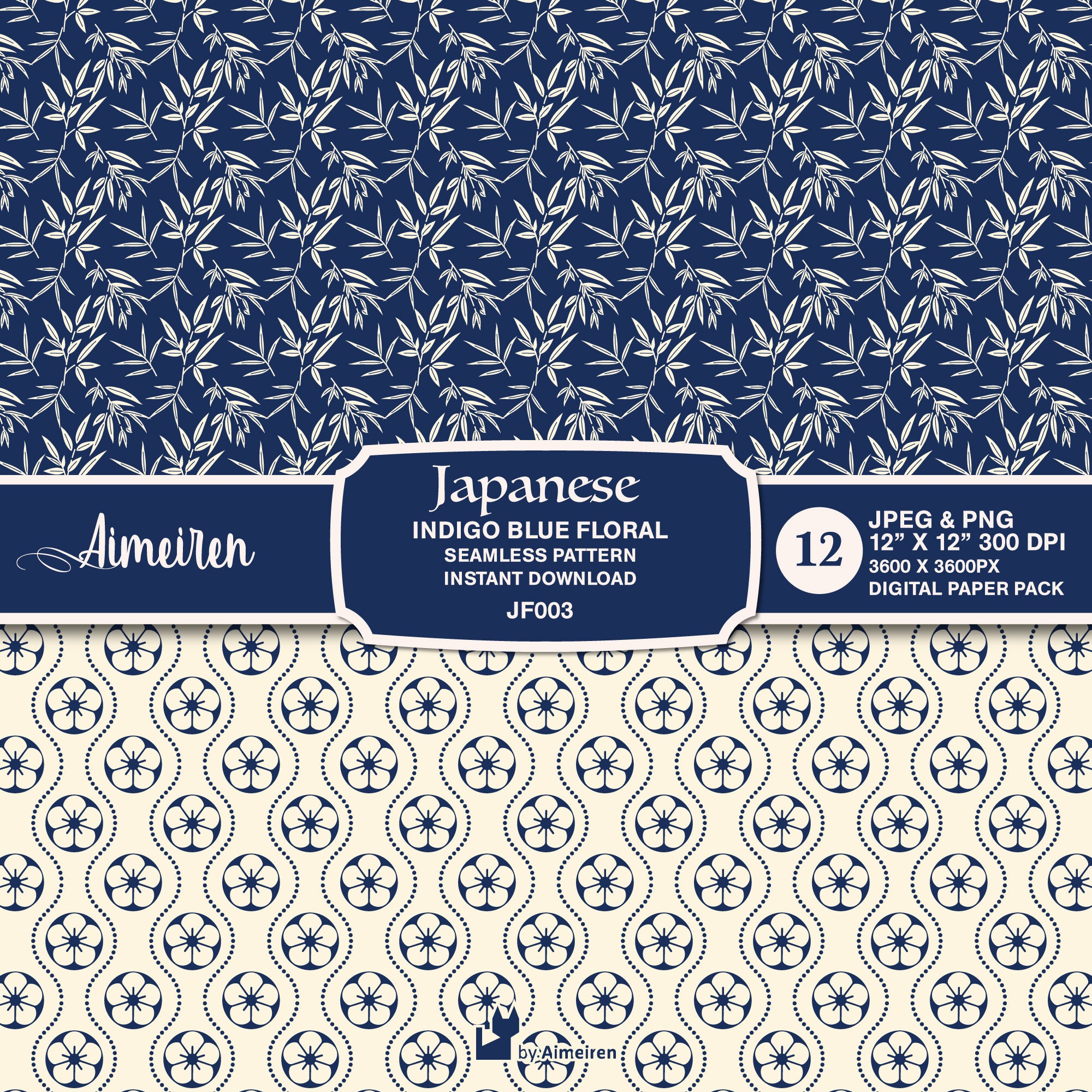 Japanese Indigo Blue Floral Digital Paper, Seamless Pattern