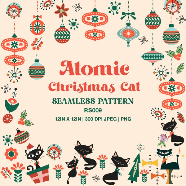 1950s Atomic Xmas cats | Unique personal gift for her & him | Mid Century | Scrapbook | Xmas cat seamless pattern instant download. RS009