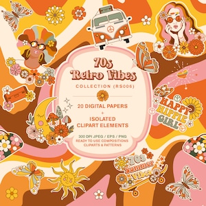 May include: A digital clipart collection with a 70s retro theme. The collection includes 20 digital papers, isolated clipart elements, and ready-to-use compositions. The clipart features a variety of images, including a vintage van, a peace sign, flowers, butterflies, and a sun. The text "70s Retro Vibes" is featured in the center of the image.