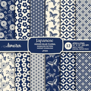 Carta digitale floreale giapponese blu indaco, motivo senza soluzione di continuità con Sakura, farfalle e motivi Shippo per scrapbooking, download immediato. JF005