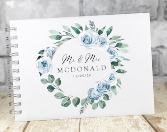 Personalised White Wedding Guest Book Blue Roses