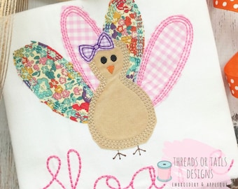 Turkey Applique - Turkey Bean Stitch Applique Design - Girl Turkey Applique - Turkey Applique - Girly Turkey Design - Thanksgiving Applique