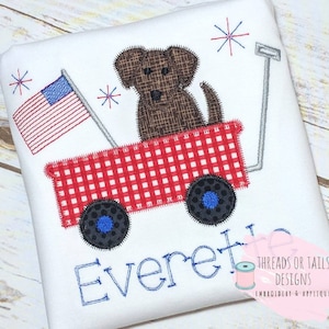 Wagon Applique - 4th of July Applique Design - Dog in Wagon - Zig Zag Stitch Applique - Patriotic Applique - Wagon and Dog Applique