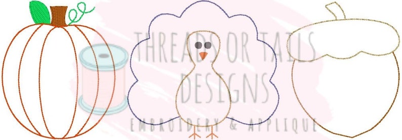 May include: Three outline embroidery designs for Thanksgiving: a pumpkin, a turkey, and an acorn.