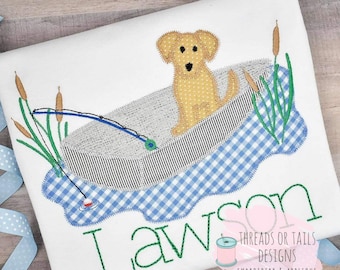 Fishing Dog Design - Fishing Applique - Zig Zag Applique - Fishing Design -  Dog Applique - Fishing Applique Design - Fishing Puppy - Puppy