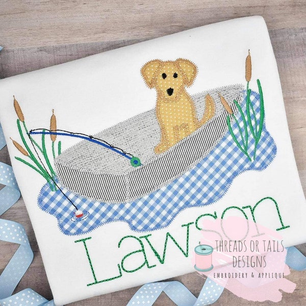 Fishing Dog Design - Fishing Applique - Zig Zag Applique - Fishing Design -  Dog Applique - Fishing Applique Design - Fishing Puppy - Puppy