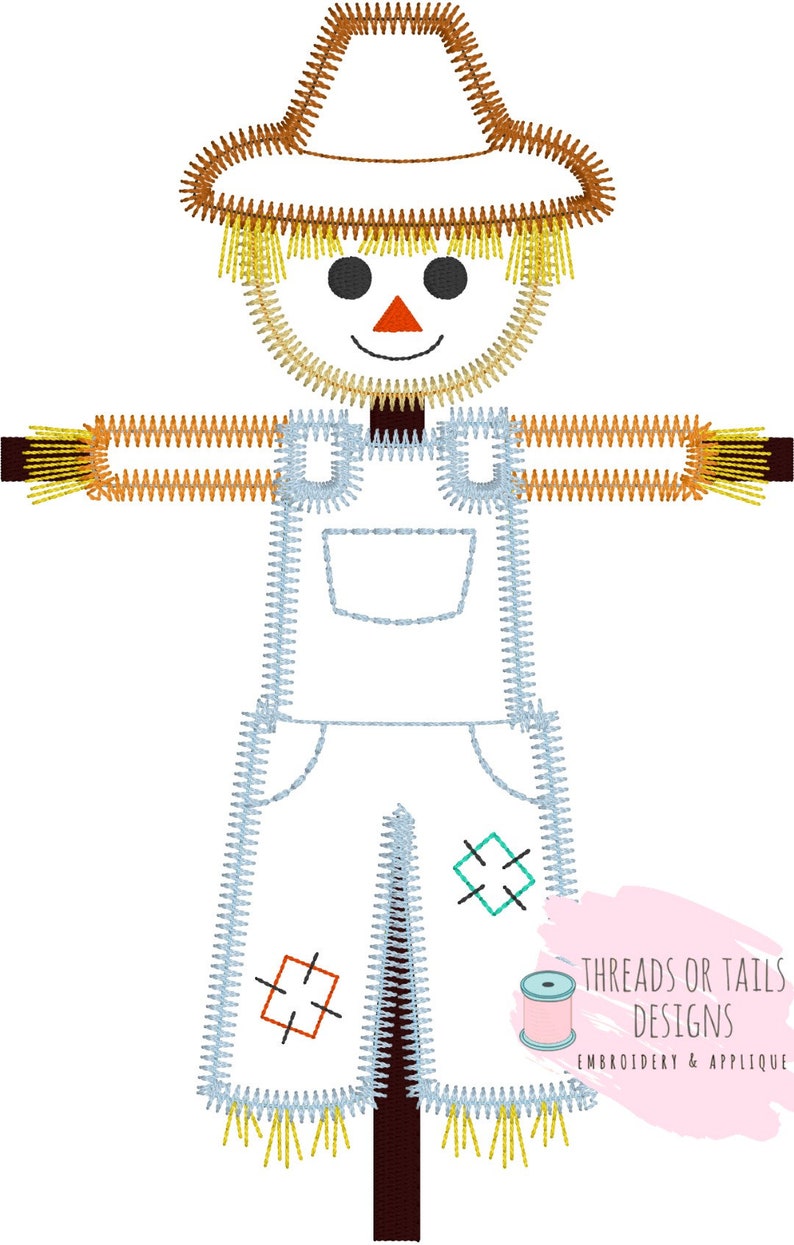 May include: Embroidered design of a scarecrow with a straw hat, overalls, and a friendly face. The design includes the text "Threads or Tails Designs Embroidery & Applique".