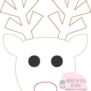May include: A simple outline of a reindeer face with brown antlers, black eyes, and a red nose. The image is for embroidery and applique.