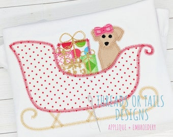 Christmas Dog Applique - Christmas Dog ZZ Applique Design - Dog Christmas Applique - Dog Zig Zag Applique - Dog in Sleigh - Sleigh Applique