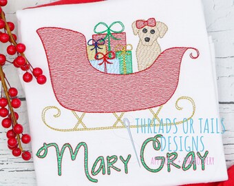 Christmas Dog Sketch - Christmas Dog Sketch Design - Sleigh Christmas Sketch - Dog Sketch Embroidery - Dog in Sleigh - Sleigh Applique